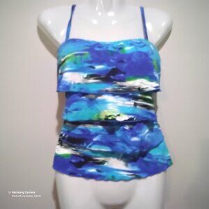 Caribbean Joe Blue & White Abstract Print 4-Tiered Tankini Swim Top NWT 10